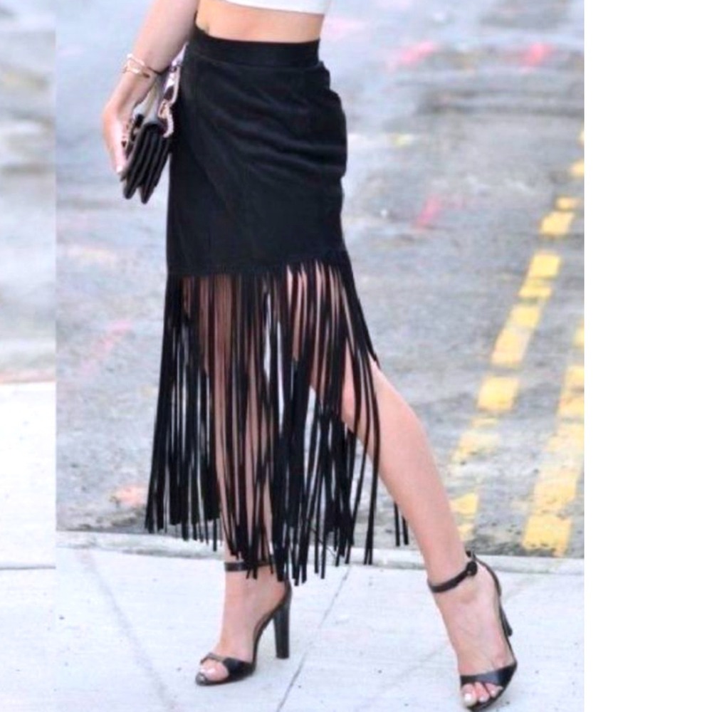 Women’s Black Fringe Midi Skirt